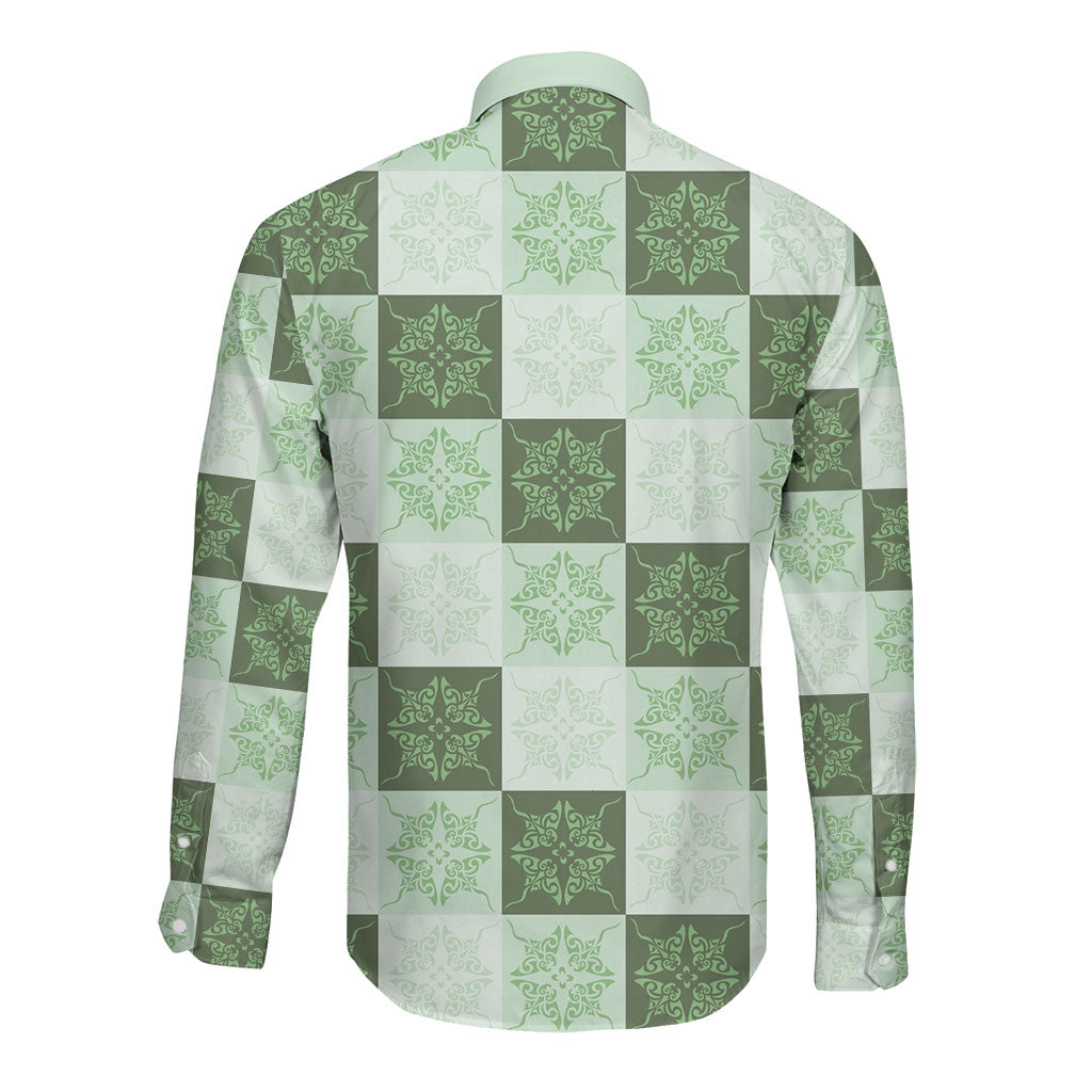 Sage Green Manta Ray Hawaiian Quilt Motif Long Sleeve Button Shirt