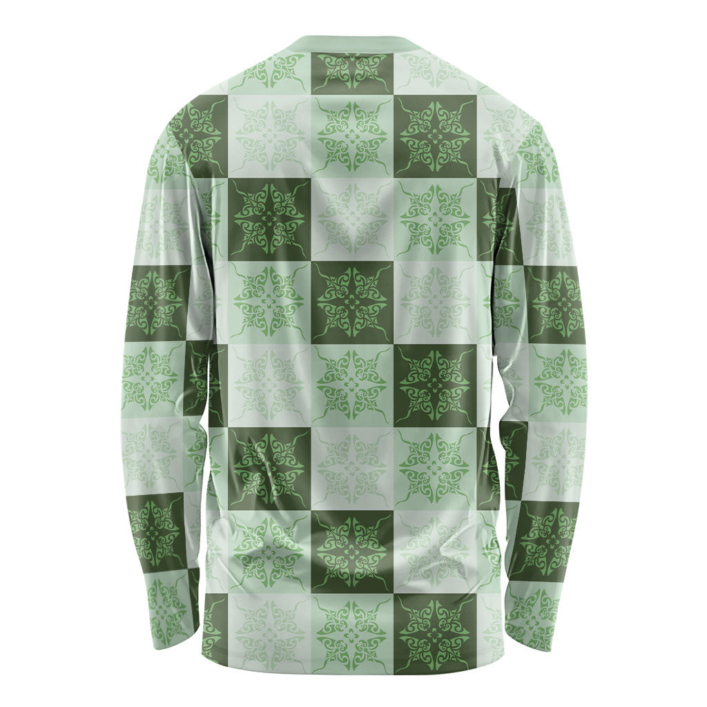 Sage Green Manta Ray Hawaiian Quilt Motif Long Sleeve Shirt