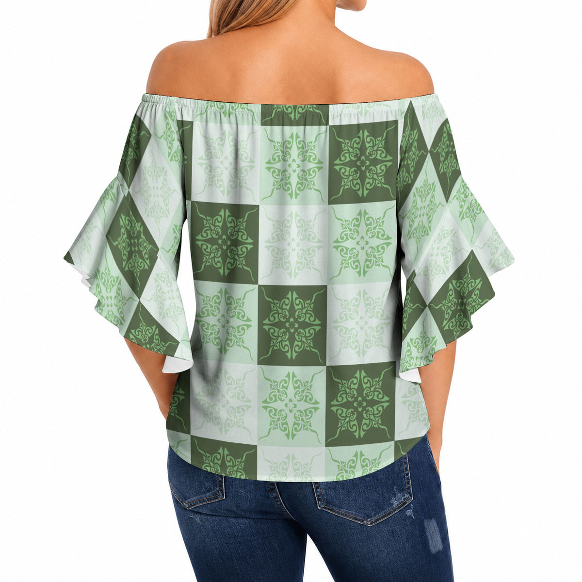 Sage Green Manta Ray Hawaiian Quilt Motif Off Shoulder Wrap Waist Top LT05 - Polynesian Pride