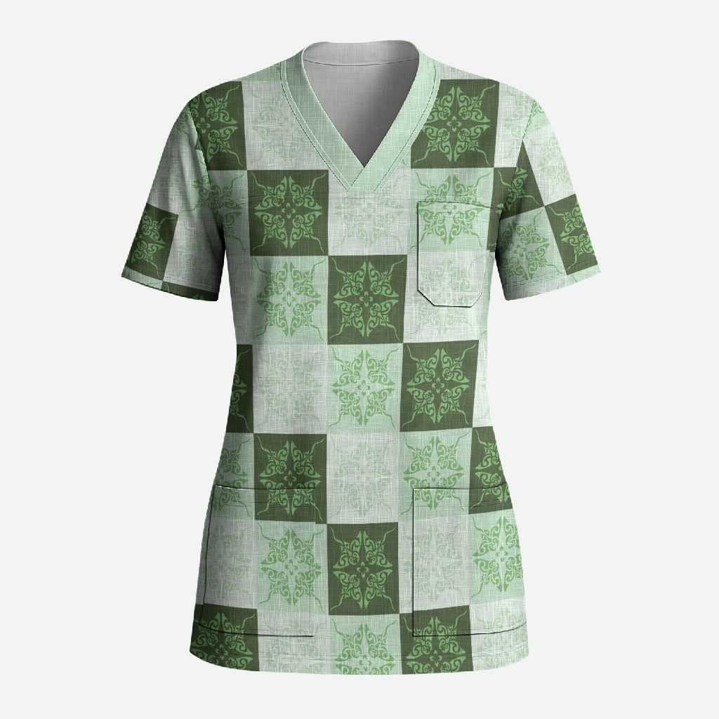 Sage Green Manta Ray Hawaiian Quilt Motif Scrub Top