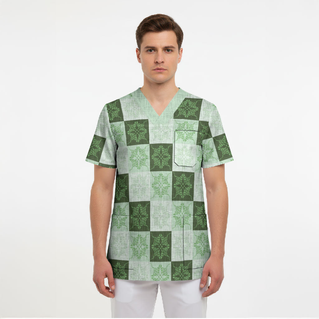 Sage Green Manta Ray Hawaiian Quilt Motif Scrub Top