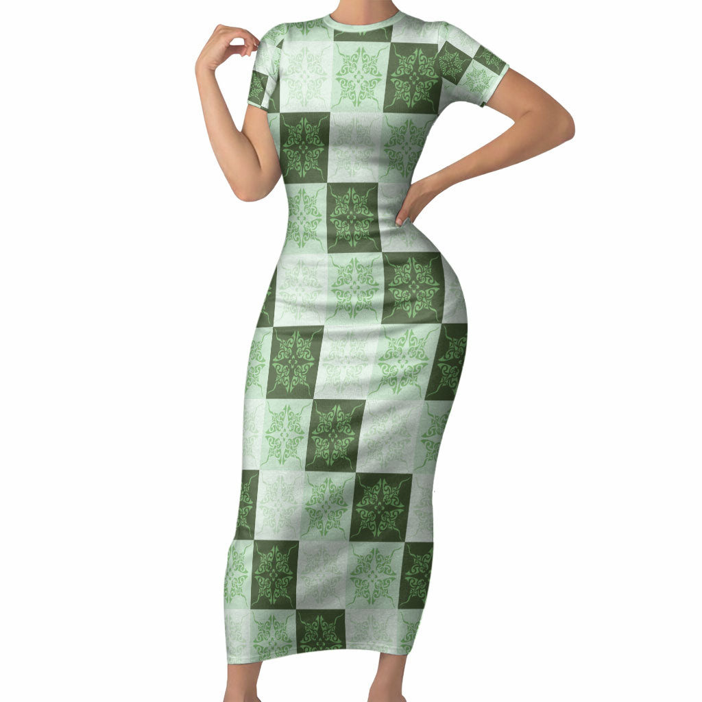 Sage Green Manta Ray Hawaiian Quilt Motif Short Sleeve Bodycon Dress