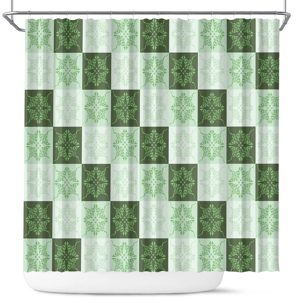 Sage Green Manta Ray Hawaiian Quilt Motif Shower Curtain