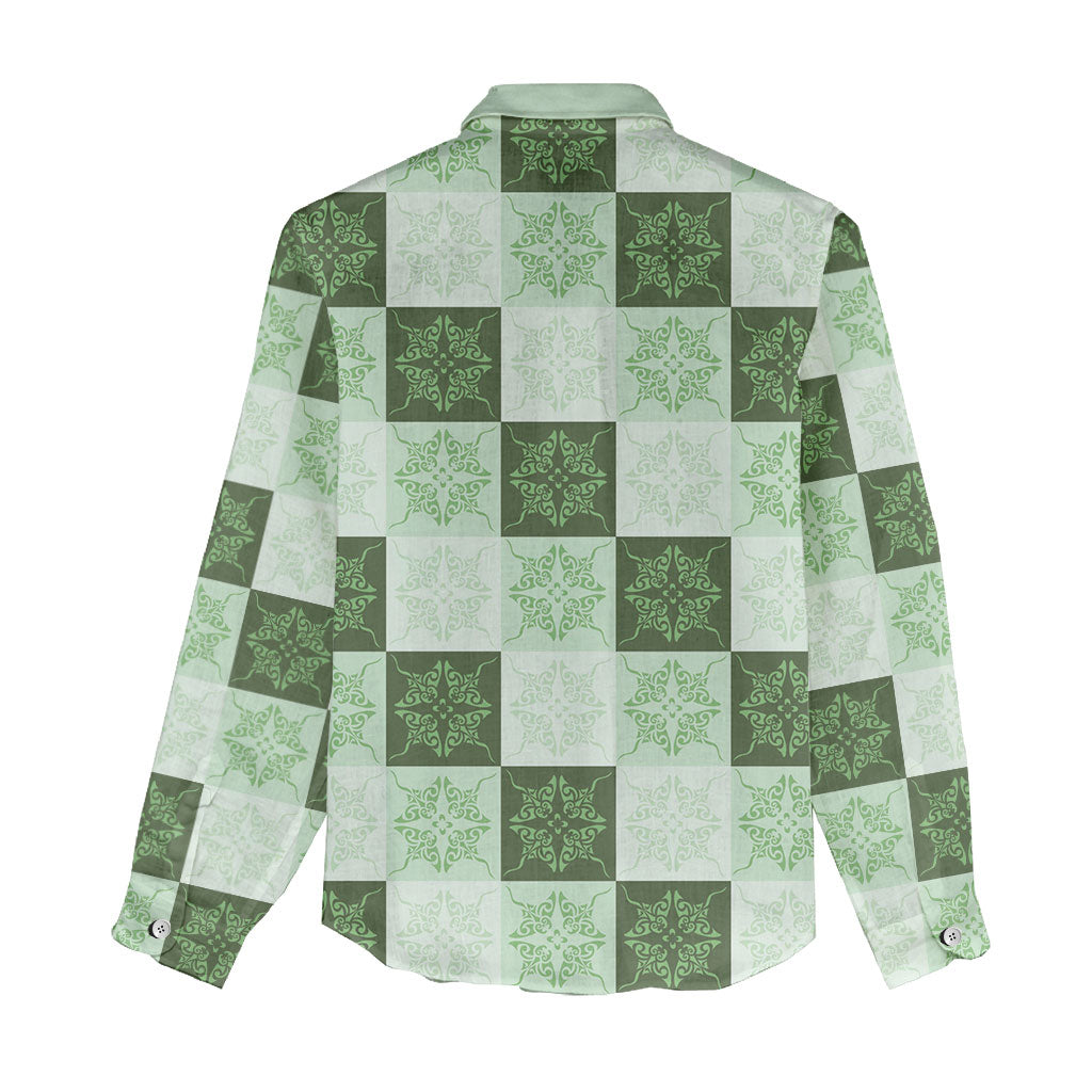 Sage Green Manta Ray Hawaiian Quilt Motif Women Casual Shirt