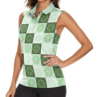 Sage Green Manta Ray Hawaiian Quilt Motif Women Sleeveless Polo Shirt