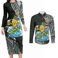 Aloha Hawaii Mango Surfing Couples Matching Long Sleeve Bodycon Dress and Long Sleeve Button Shirt Polynesian Style