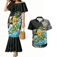 Aloha Hawaii Mango Surfing Couples Matching Mermaid Dress and Hawaiian Shirt Polynesian Style