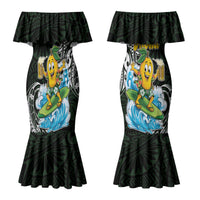 Aloha Hawaii Mango Surfing Couples Matching Mermaid Dress and Long Sleeve Button Shirt Polynesian Style