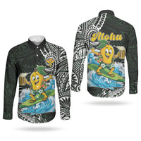 Aloha Hawaii Mango Surfing Couples Matching Off The Shoulder Long Sleeve Dress and Long Sleeve Button Shirt Polynesian Style