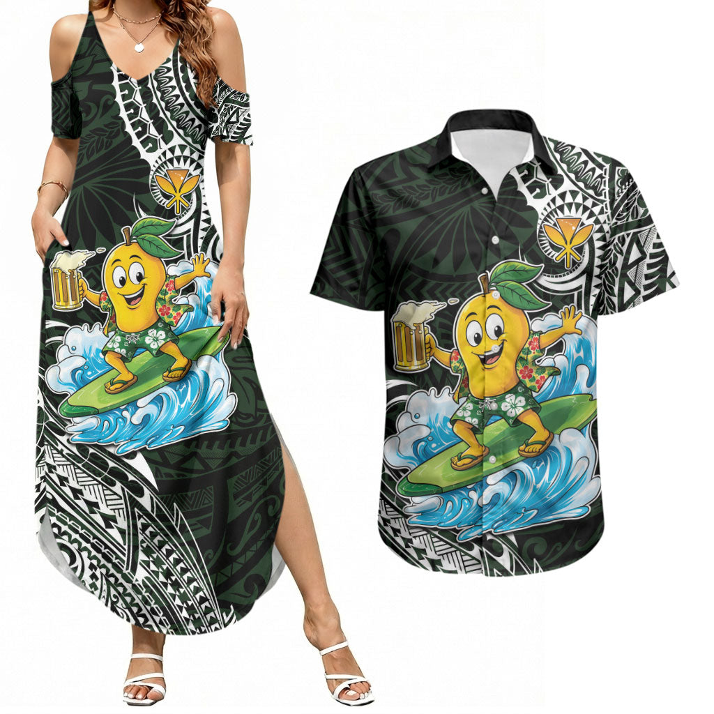 Aloha Hawaii Mango Surfing Couples Matching Summer Maxi Dress and Hawaiian Shirt Polynesian Style