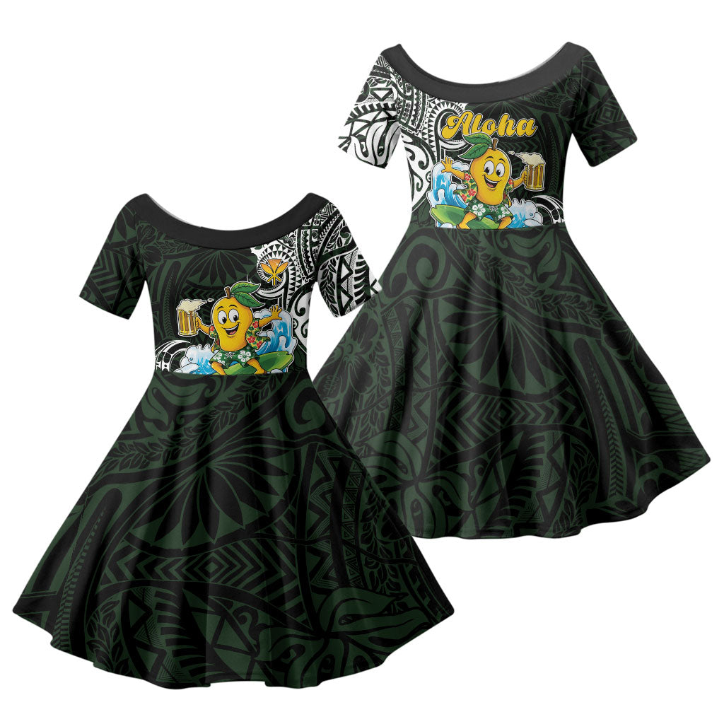 Aloha Hawaii Mango Surfing Family Matching Off The Shoulder Long Sleeve Dress and Hawaiian Shirt Polynesian Style