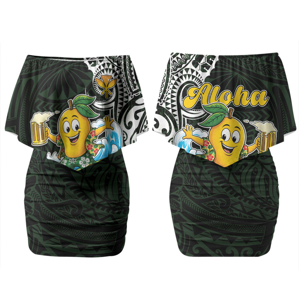 Aloha Hawaii Mango Surfing Family Matching Off Shoulder Short Dress and Hawaiian Shirt Polynesian Style