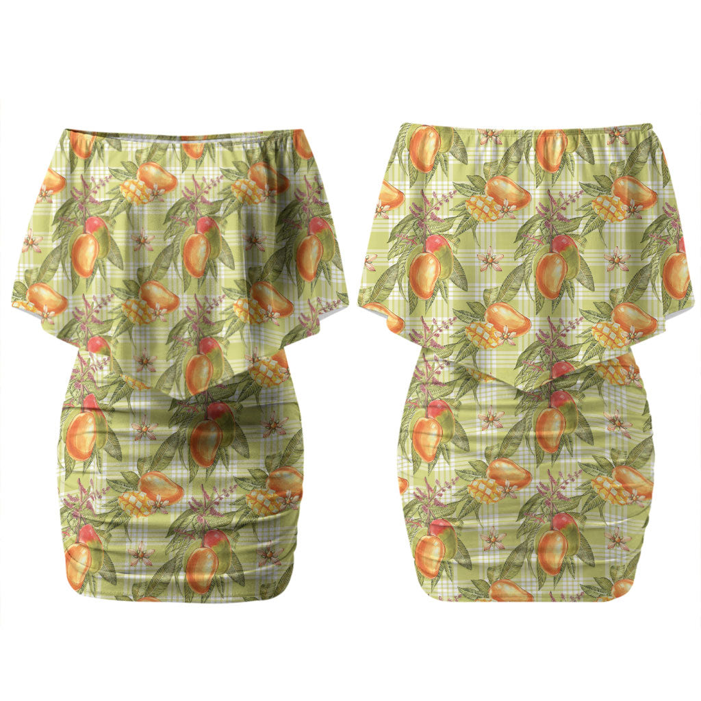 Vintage Hawaii Mango Couples Matching Off Shoulder Short Dress and Hawaiian Shirt Yellow Green Hawaiian Palaka