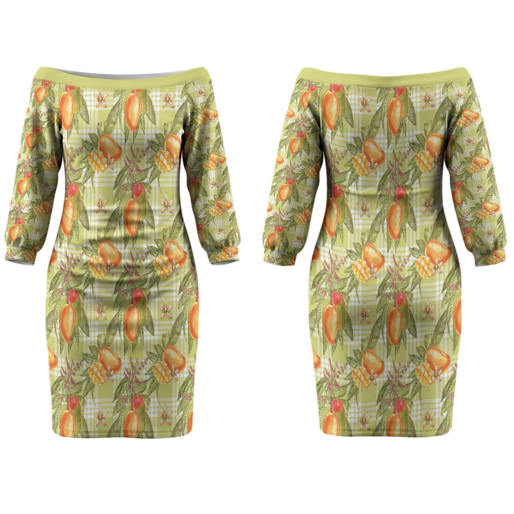 Vintage Hawaii Mango Couples Matching Off The Shoulder Long Sleeve Dress and Hawaiian Shirt Yellow Green Hawaiian Palaka