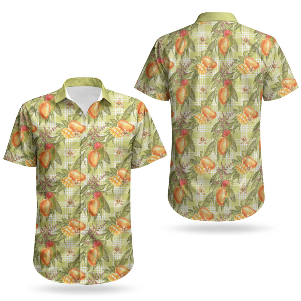 Vintage Hawaii Mango Couples Matching Puletasi and Hawaiian Shirt Yellow Green Hawaiian Palaka