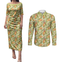 Vintage Hawaii Mango Couples Matching Puletasi and Long Sleeve Button Shirt Yellow Green Hawaiian Palaka