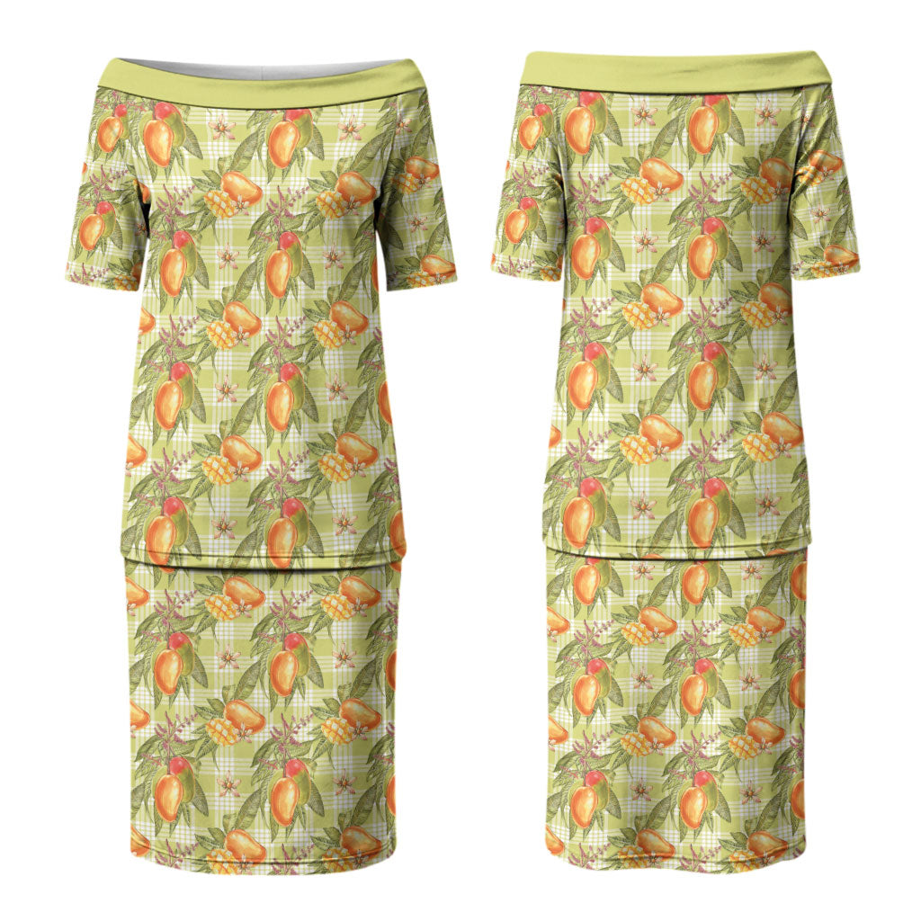 Vintage Hawaii Mango Couples Matching Puletasi and Long Sleeve Button Shirt Yellow Green Hawaiian Palaka