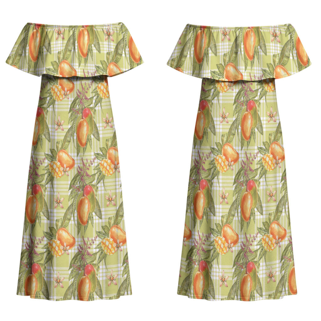 Vintage Hawaii Mango Family Matching Off Shoulder Maxi Dress and Hawaiian Shirt Yellow Green Hawaiian Palaka