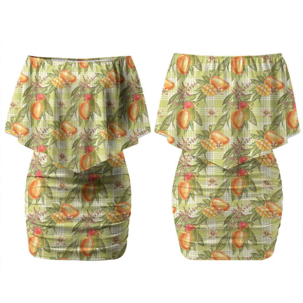 Vintage Hawaii Mango Family Matching Off Shoulder Short Dress and Hawaiian Shirt Yellow Green Hawaiian Palaka