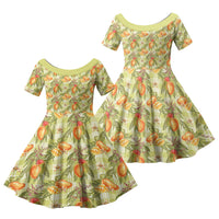 Vintage Hawaii Mango Family Matching Off Shoulder Short Dress and Hawaiian Shirt Yellow Green Hawaiian Palaka