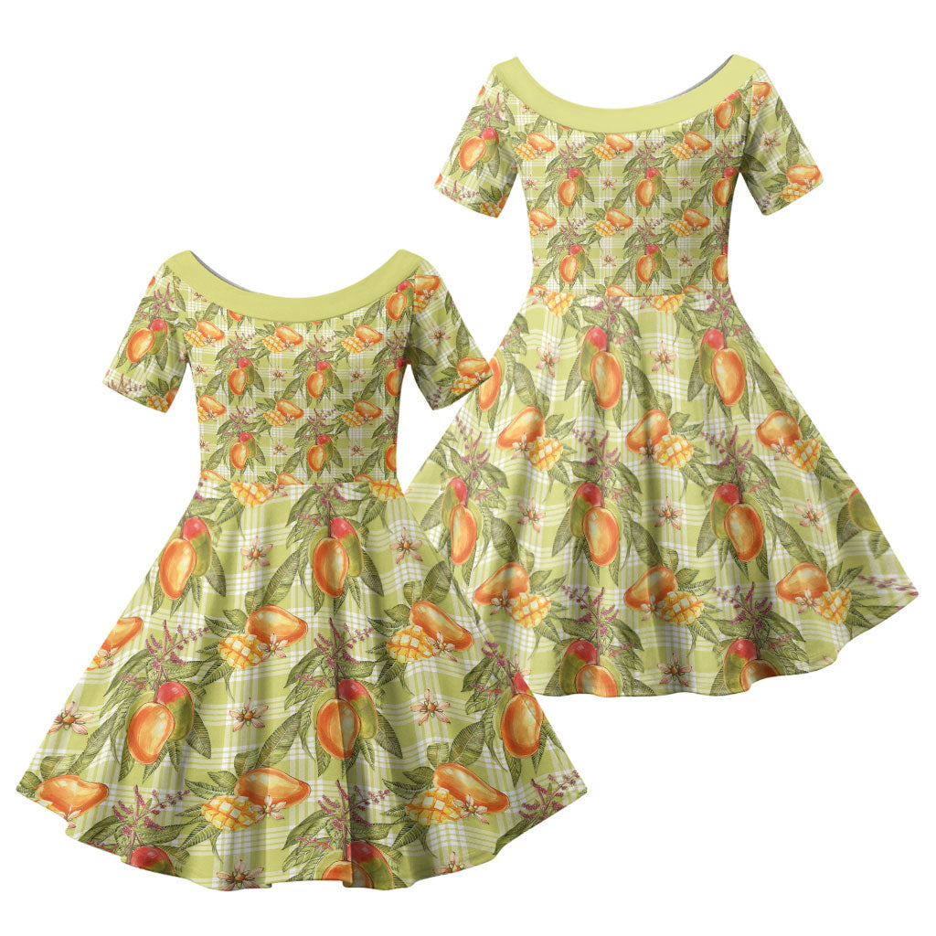 Vintage Hawaii Mango Family Matching Short Sleeve Bodycon Dress and Hawaiian Shirt Yellow Green Hawaiian Palaka