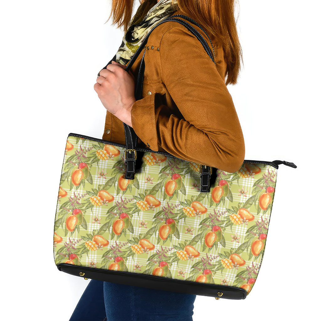 Vintage Hawaii Mango Leather Tote Bag Yellow Green Hawaiian Palaka