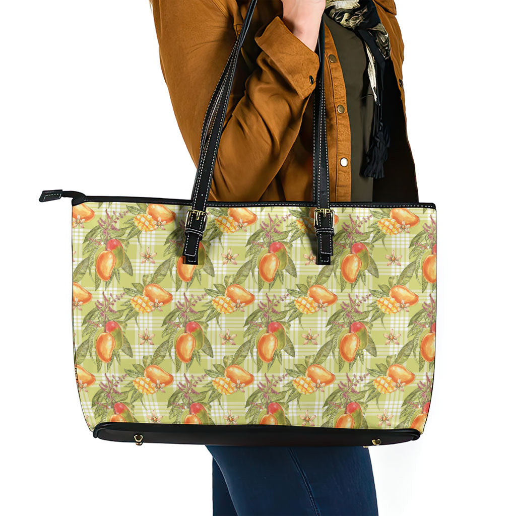 Vintage Hawaii Mango Leather Tote Bag Yellow Green Hawaiian Palaka