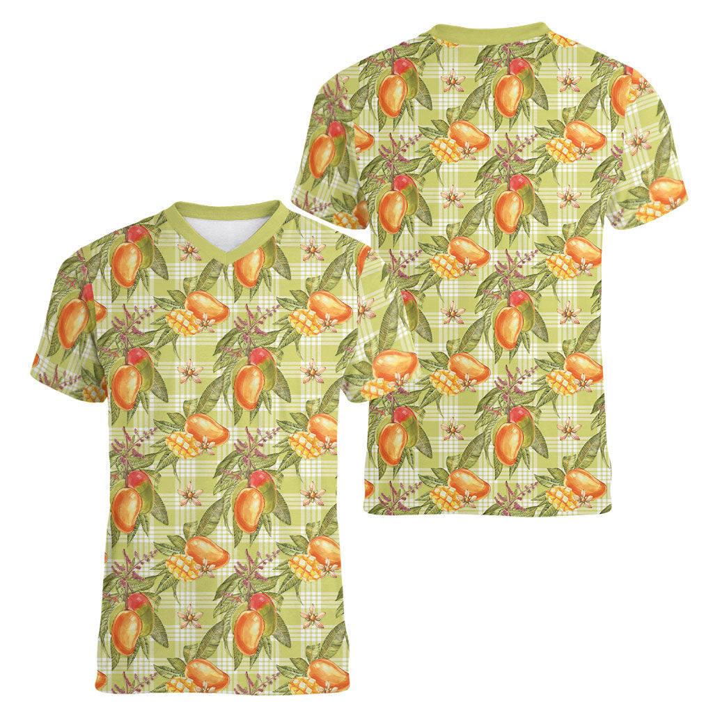 Vintage Hawaii Mango Women V-Neck T-Shirt Yellow Green Hawaiian Palaka