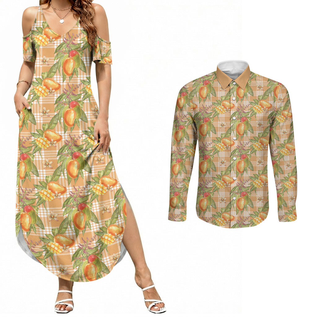 Vintage Hawaii Mango Couples Matching Summer Maxi Dress and Long Sleeve Button Shirt Coral Hawaiian Palaka
