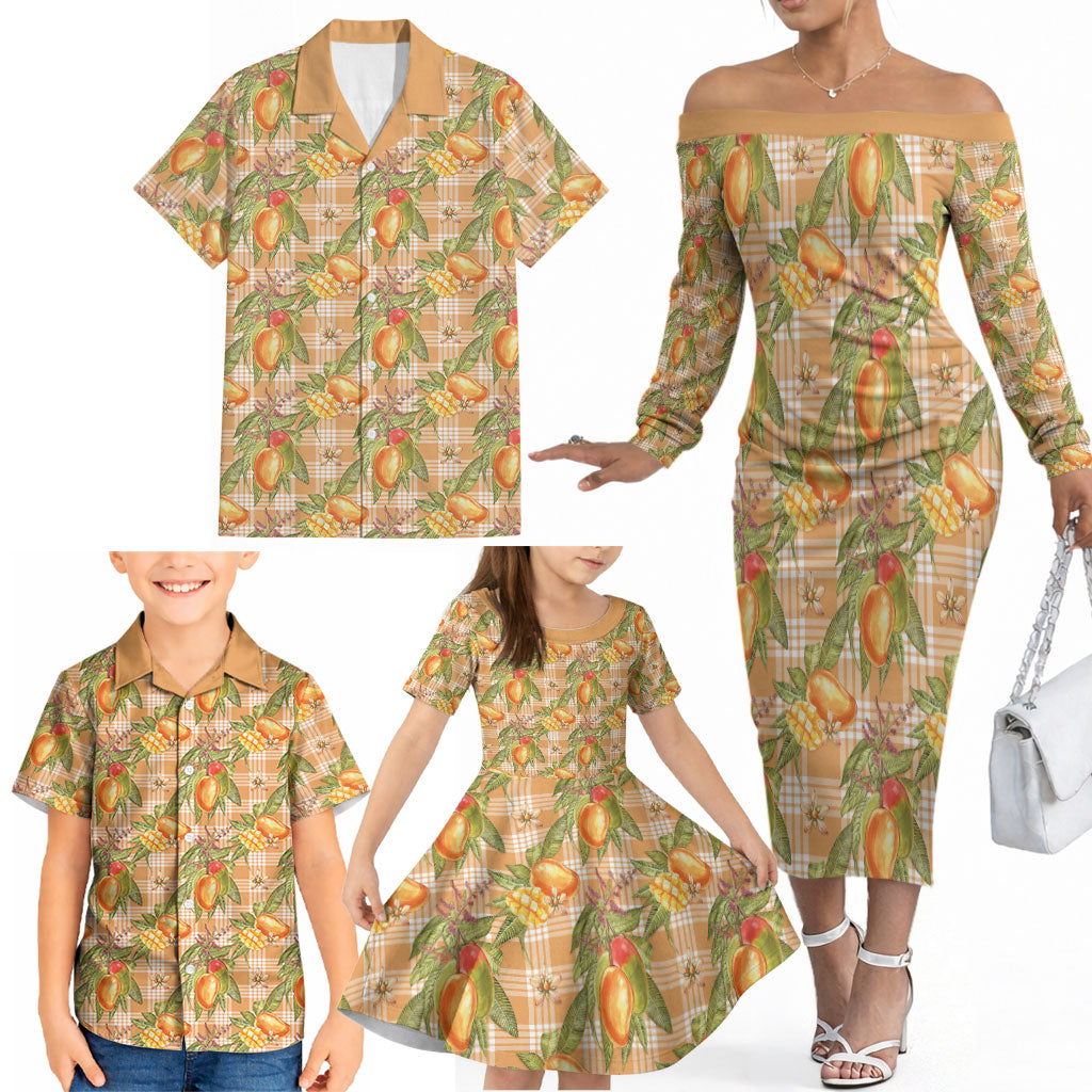 Vintage Hawaii Mango Family Matching Off The Shoulder Long Sleeve Dress and Hawaiian Shirt Coral Hawaiian Palaka
