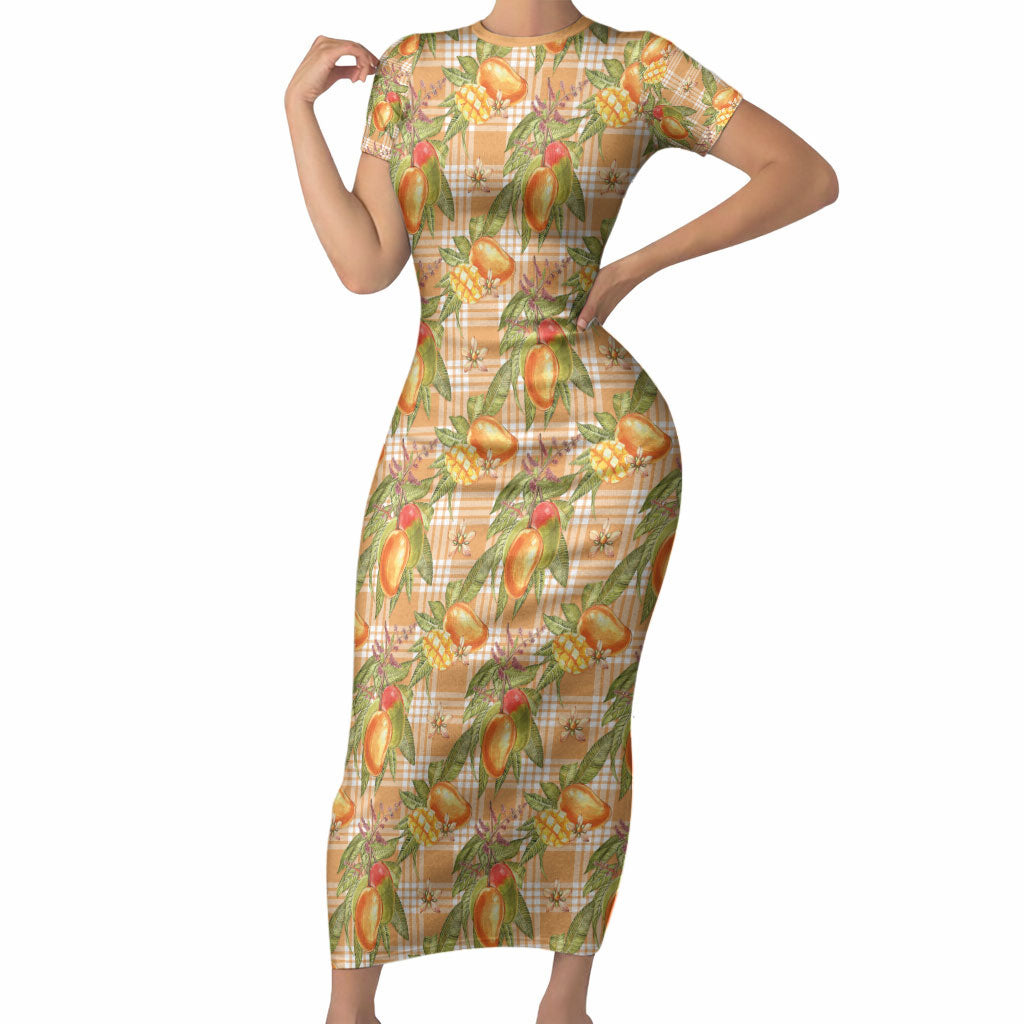 Vintage Hawaii Mango Short Sleeve Bodycon Dress Coral Hawaiian Palaka