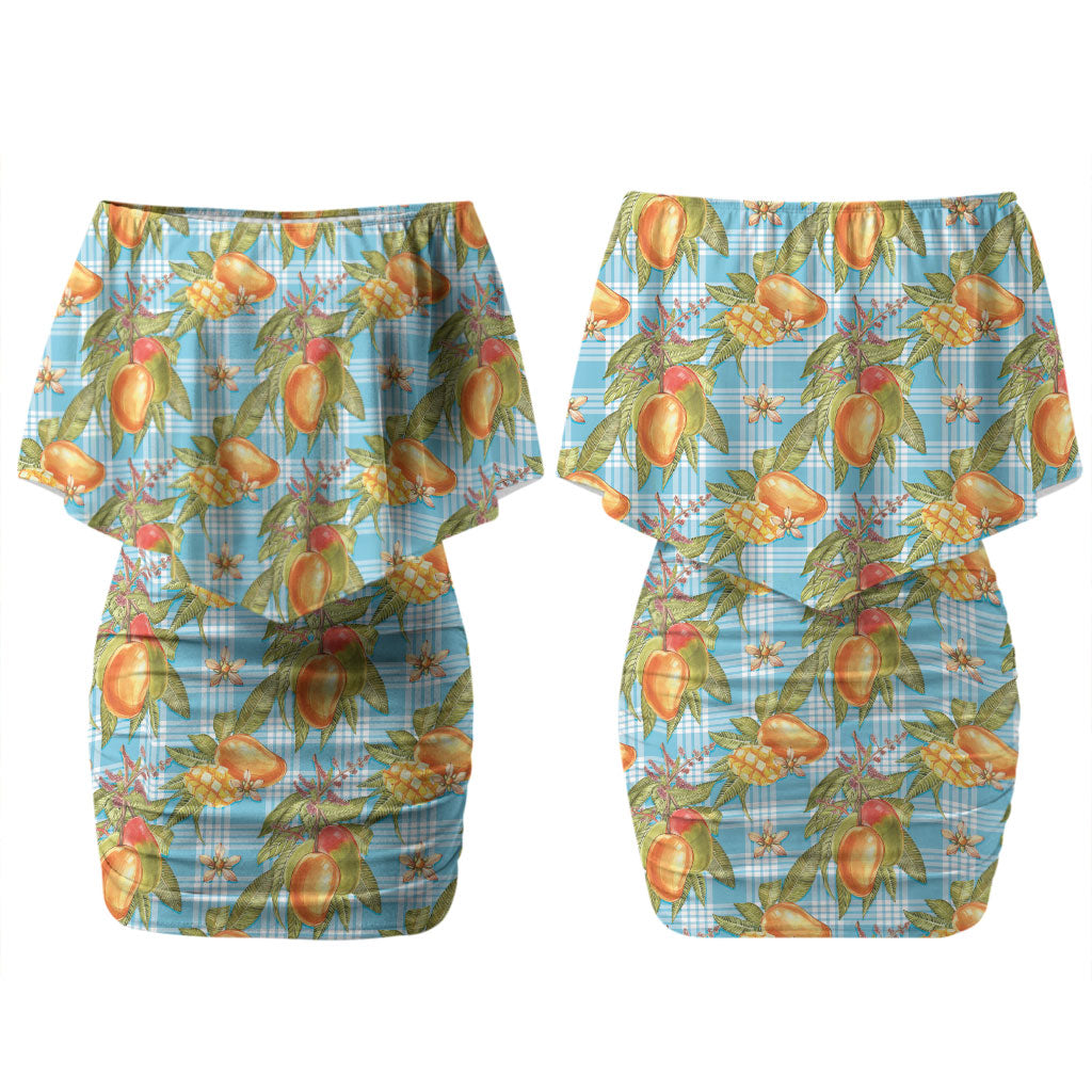 Vintage Hawaii Mango Couples Matching Off Shoulder Short Dress and Long Sleeve Button Shirt Blue Hawaiian Palaka