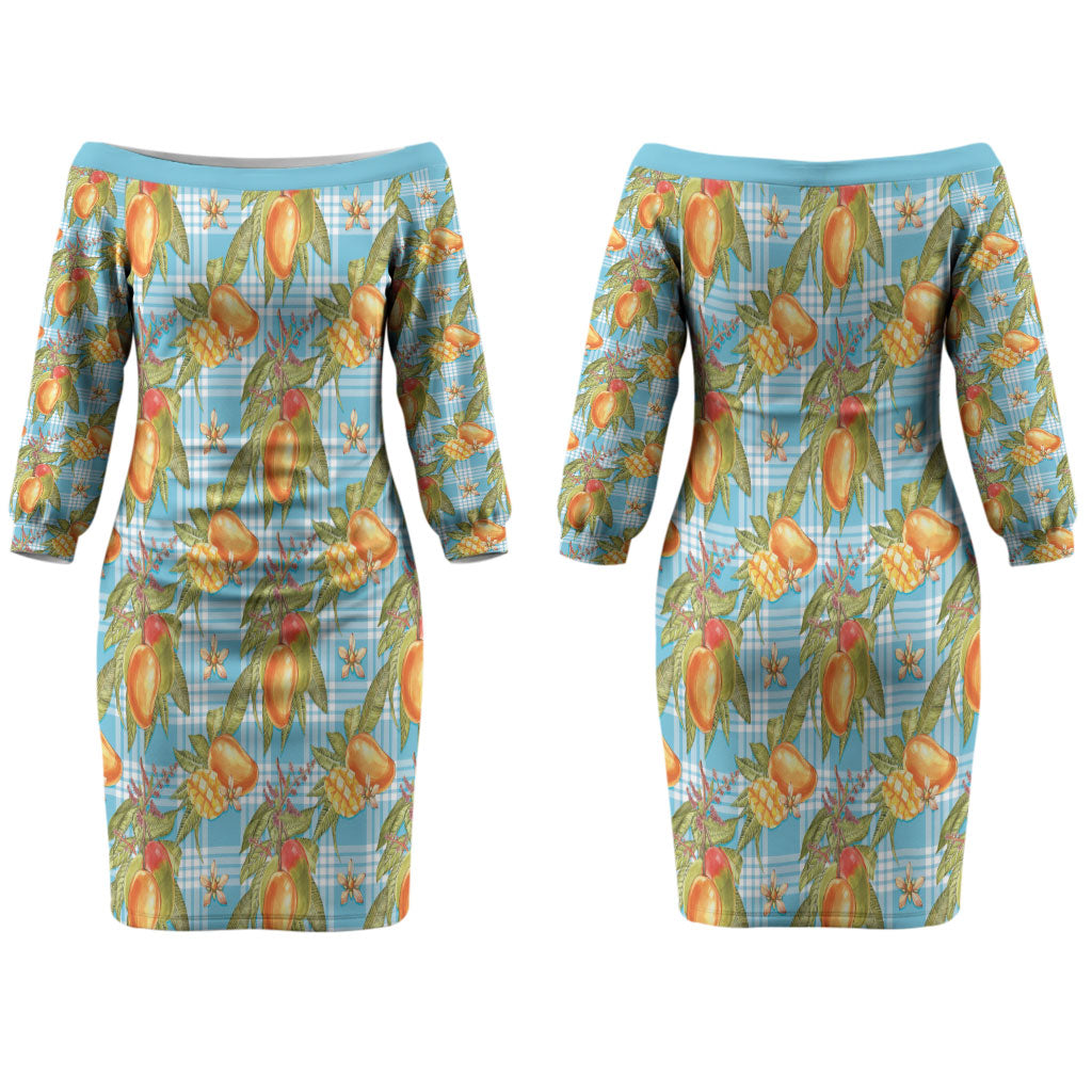Vintage Hawaii Mango Couples Matching Off The Shoulder Long Sleeve Dress and Long Sleeve Button Shirt Blue Hawaiian Palaka