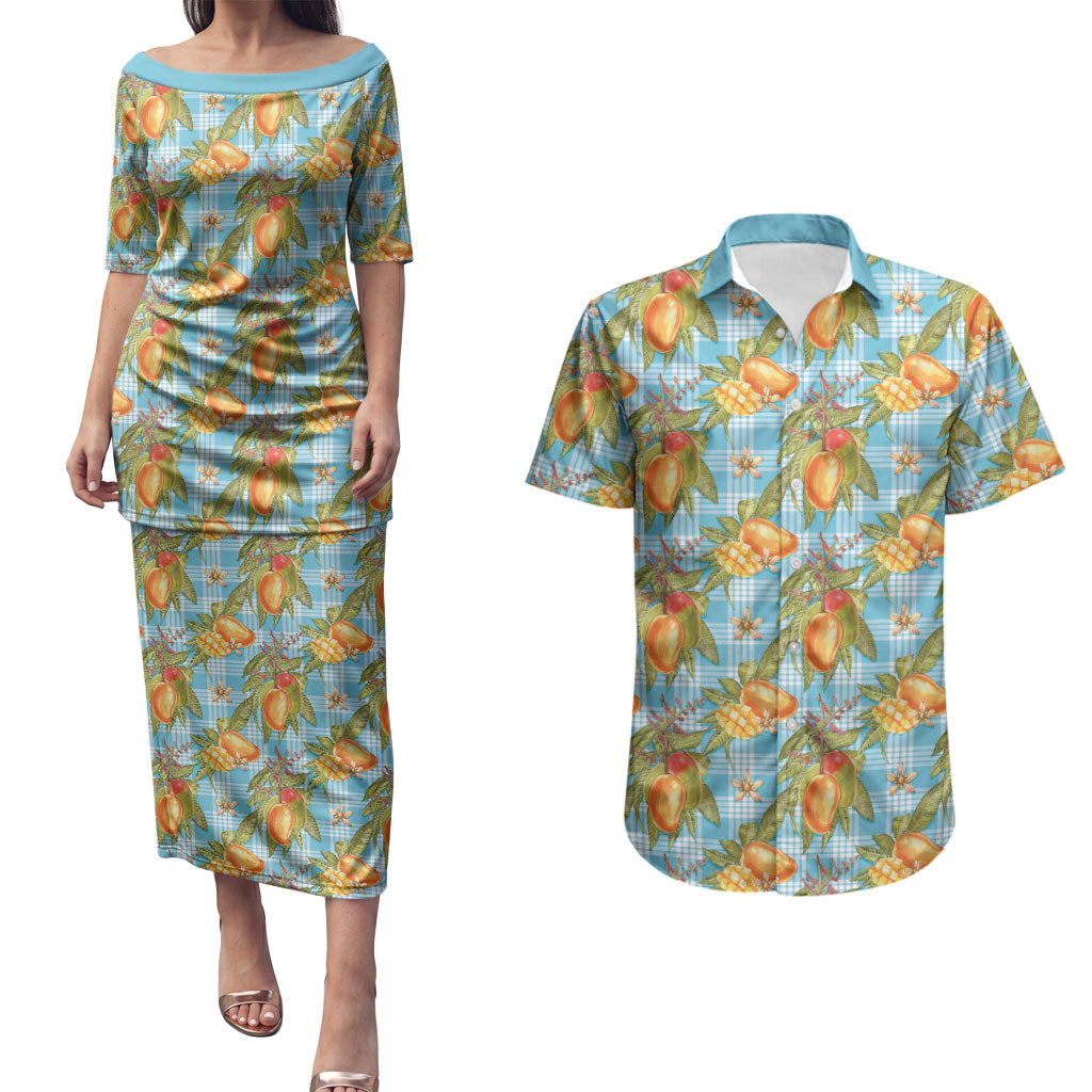Vintage Hawaii Mango Couples Matching Puletasi and Hawaiian Shirt Blue Hawaiian Palaka