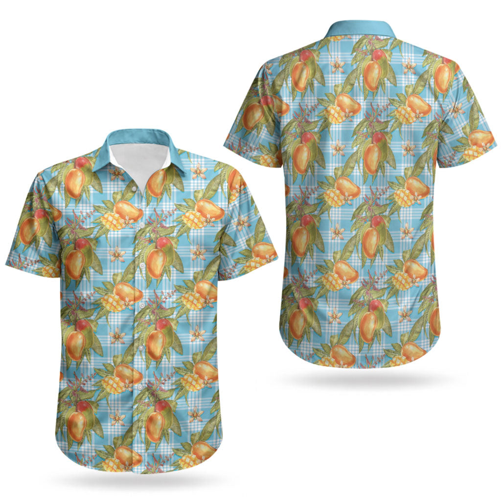 Vintage Hawaii Mango Couples Matching Puletasi and Hawaiian Shirt Blue Hawaiian Palaka