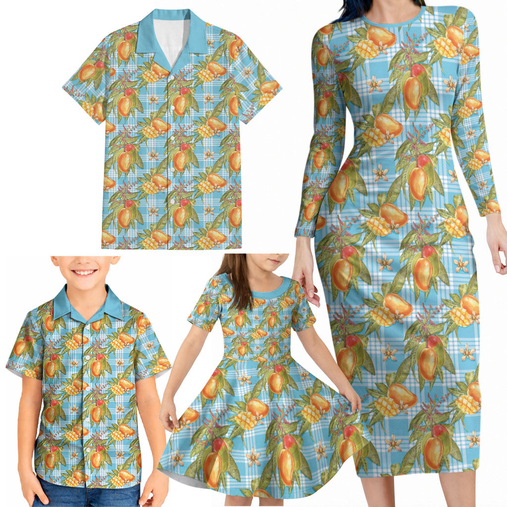 Vintage Hawaii Mango Family Matching Long Sleeve Bodycon Dress and Hawaiian Shirt Blue Hawaiian Palaka