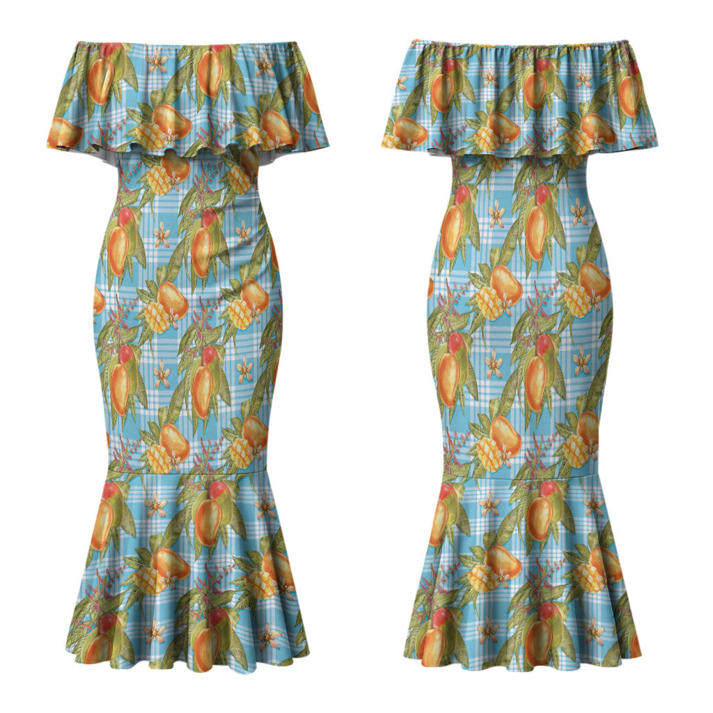 Vintage Hawaii Mango Family Matching Mermaid Dress and Hawaiian Shirt Blue Hawaiian Palaka
