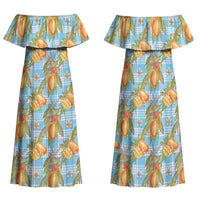 Vintage Hawaii Mango Family Matching Off Shoulder Maxi Dress and Hawaiian Shirt Blue Hawaiian Palaka