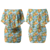 Vintage Hawaii Mango Family Matching Off Shoulder Short Dress and Hawaiian Shirt Blue Hawaiian Palaka