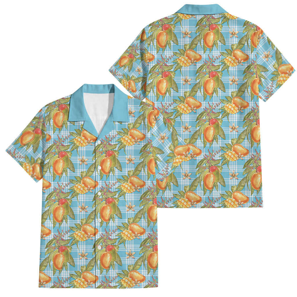Vintage Hawaii Mango Family Matching Off Shoulder Short Dress and Hawaiian Shirt Blue Hawaiian Palaka