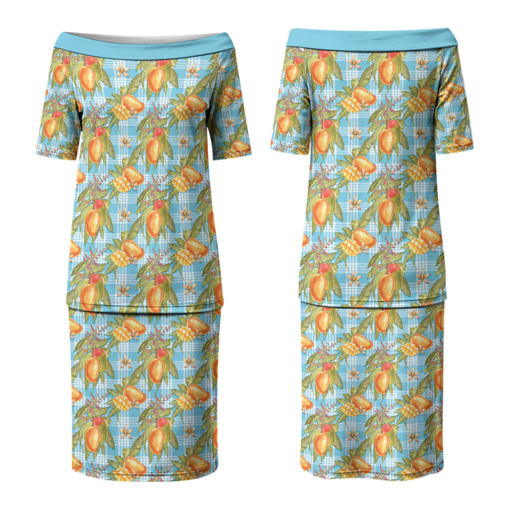 Vintage Hawaii Mango Family Matching Puletasi and Hawaiian Shirt Blue Hawaiian Palaka