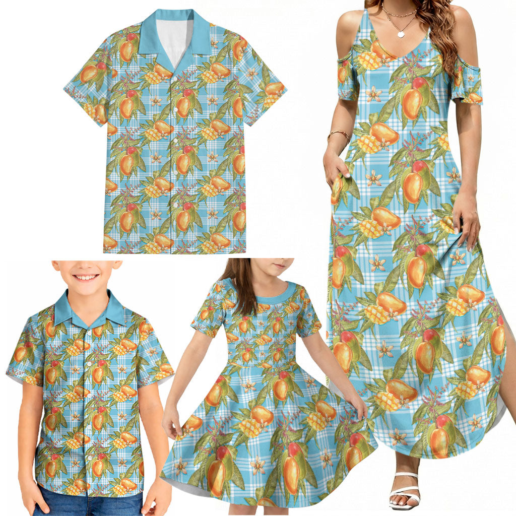 Vintage Hawaii Mango Family Matching Summer Maxi Dress and Hawaiian Shirt Blue Hawaiian Palaka