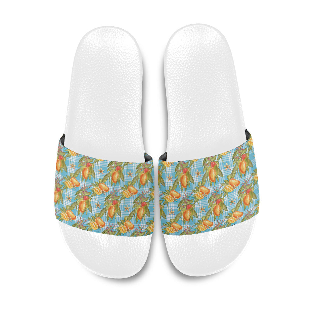Vintage Hawaii Mango Slide Sandals Blue Hawaiian Palaka