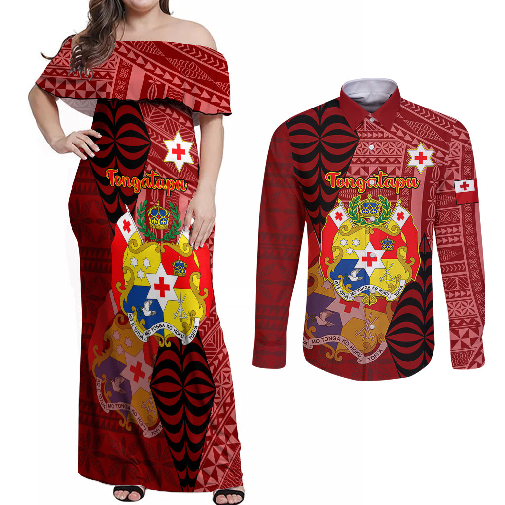 Personalized Tonga Couples Matching Off Shoulder Maxi Dress and Long Sleeve Button Shirts Coat Of Arms Tongatapu With Ngatu Pattern LT05 Red - Polynesian Pride