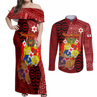 Personalized Tonga Couples Matching Off Shoulder Maxi Dress and Long Sleeve Button Shirts Coat Of Arms Tongatapu With Ngatu Pattern LT05 Red - Polynesian Pride