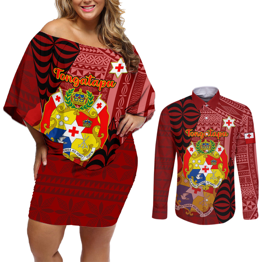 Personalized Tonga Couples Matching Off Shoulder Short Dress and Long Sleeve Button Shirts Coat Of Arms Tongatapu With Ngatu Pattern LT05 Red - Polynesian Pride