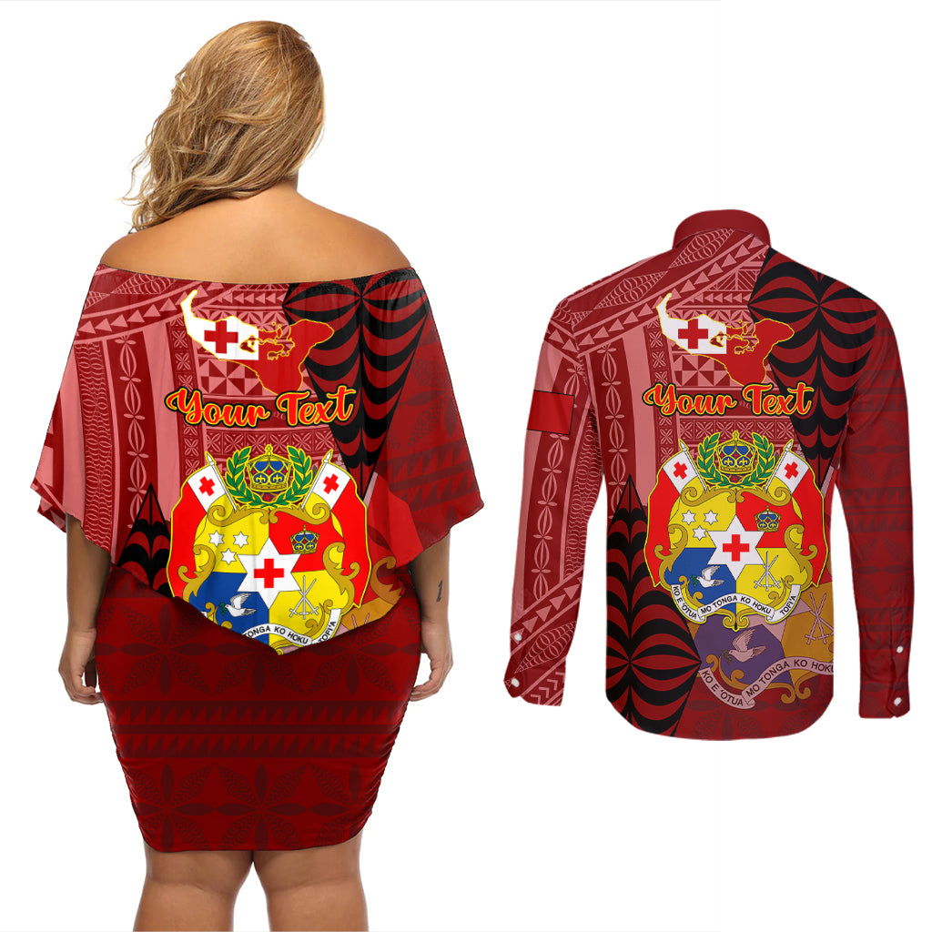 Personalized Tonga Couples Matching Off Shoulder Short Dress and Long Sleeve Button Shirts Coat Of Arms Tongatapu With Ngatu Pattern LT05 - Polynesian Pride