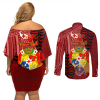 Personalized Tonga Couples Matching Off Shoulder Short Dress and Long Sleeve Button Shirts Coat Of Arms Tongatapu With Ngatu Pattern LT05 - Polynesian Pride