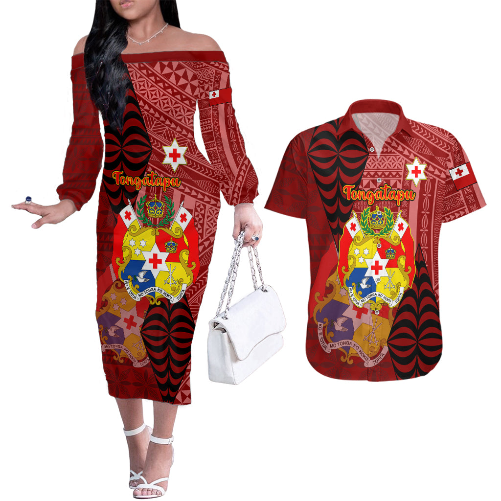 Personalized Tonga Couples Matching Off The Shoulder Long Sleeve Dress and Hawaiian Shirt Coat Of Arms Tongatapu With Ngatu Pattern LT05 Red - Polynesian Pride