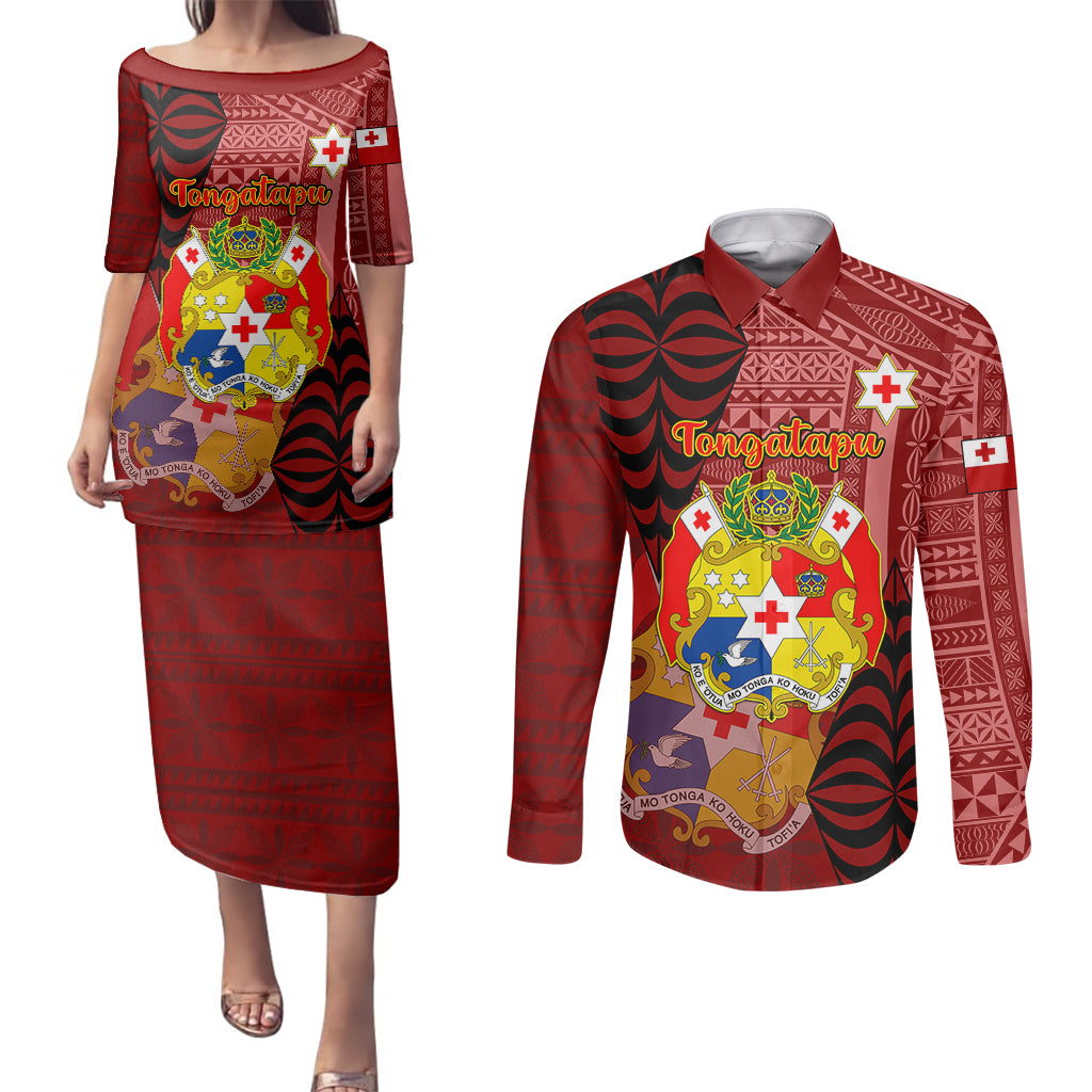 Personalized Tonga Couples Matching Puletasi Dress and Long Sleeve Button Shirts Coat Of Arms Tongatapu With Ngatu Pattern LT05 Red - Polynesian Pride